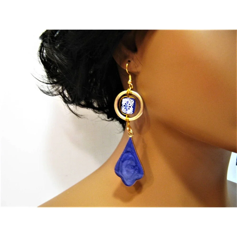 Purple Gold Enameled metal Vintage Bead accent Drop Earrings 3 inch long
